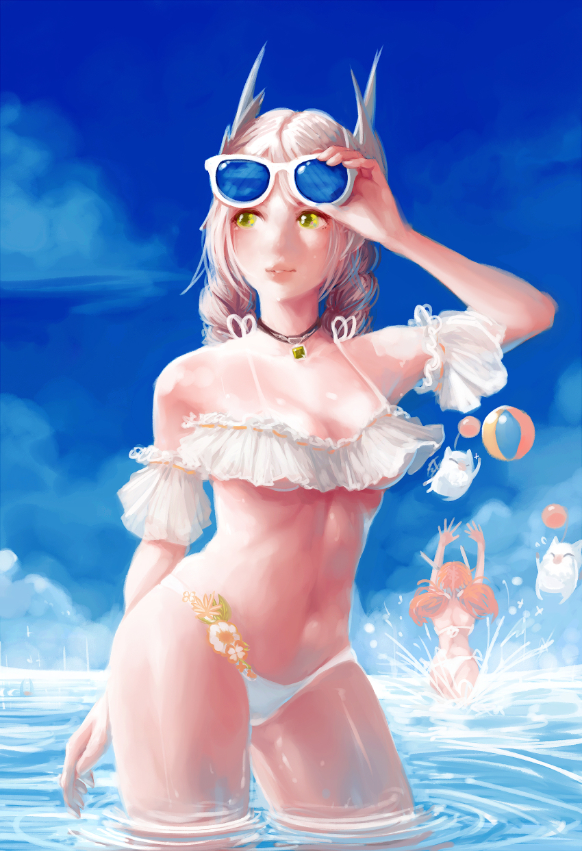 1boy 2girls adjusting_eyewear arm_up ball beachball bikini blonde_hair blue_sky braid breasts brown_hair choker cleavage closed_mouth cowboy_shot day demstouts detached_sleeves final_fantasy final_fantasy_xiv frilled_bikini frills highres horns kan-e-senna legs_apart lips long_hair medium_breasts moogle multiple_girls padjal raya-o-senna siblings sky smile solo_focus sunglasses sunglasses_on_head swimsuit twin_braids twintails underboob water white_bikini yellow_eyes