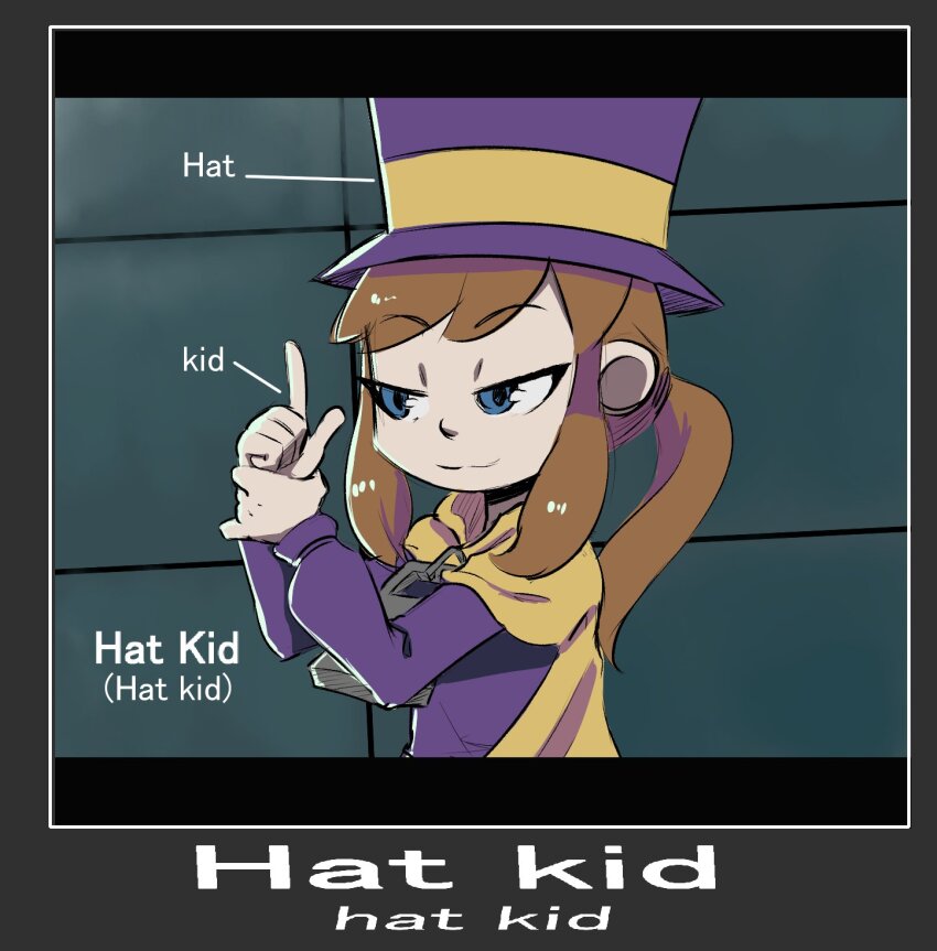 1girl :3 a_hat_in_time blue_eyes brown_hair cape caption character_name closed_mouth commentary cosplay diagram english_commentary english_text female_focus finger_gun half-closed_eyes hat hat_kid highres jacket long_hair long_sleeves looking_ahead looking_at_hands meme metal_gear_(series) metal_gear_solid motivator_(meme) oversized_zipper own_hands_together parody pointing ponytail purple_hat purple_jacket revolver_ocelot revolver_ocelot_(cosplay) sidelocks smile smug solo spicy_bardo standing top_hat upper_body yellow_cape zipper zipper_pull_tab