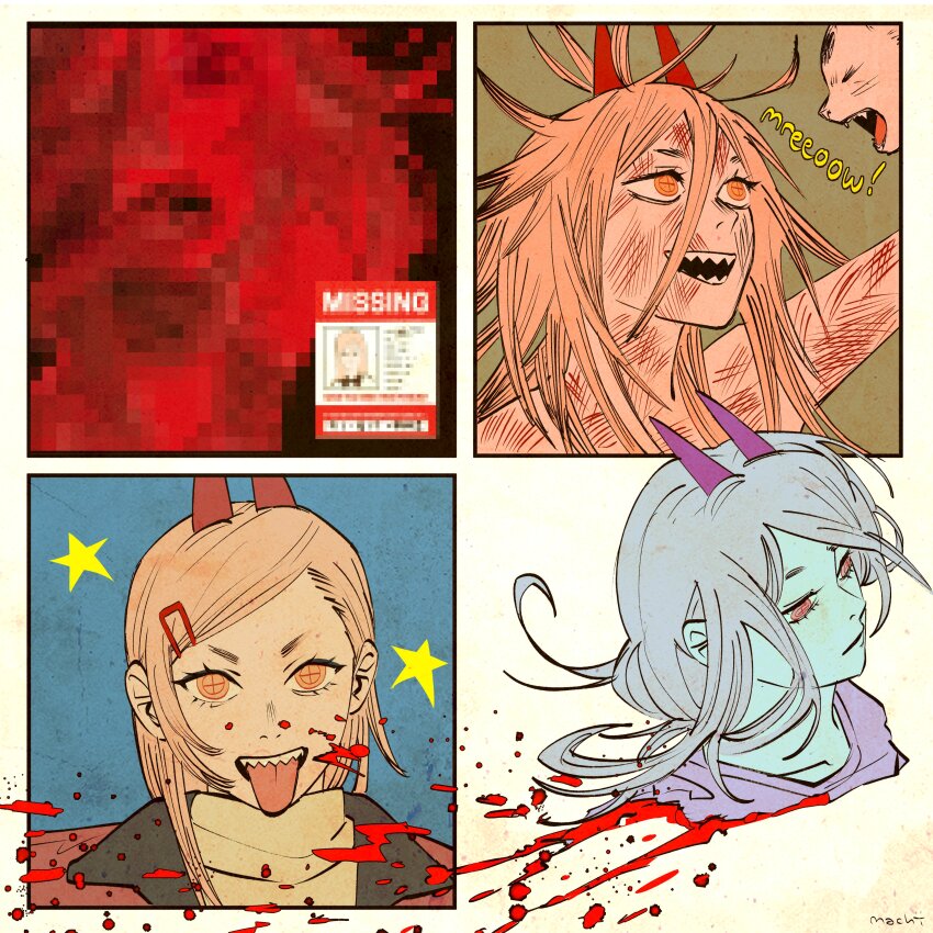 1girl absurdres blonde_hair blood cat censored chainsaw_man death highres horns machipachi1901 meowy_(chainsaw_man) messy_hair missing_poster multiple_views open_mouth power_(chainsaw_man) red_horns sharp_teeth symbol-shaped_pupils teeth tongue tongue_out