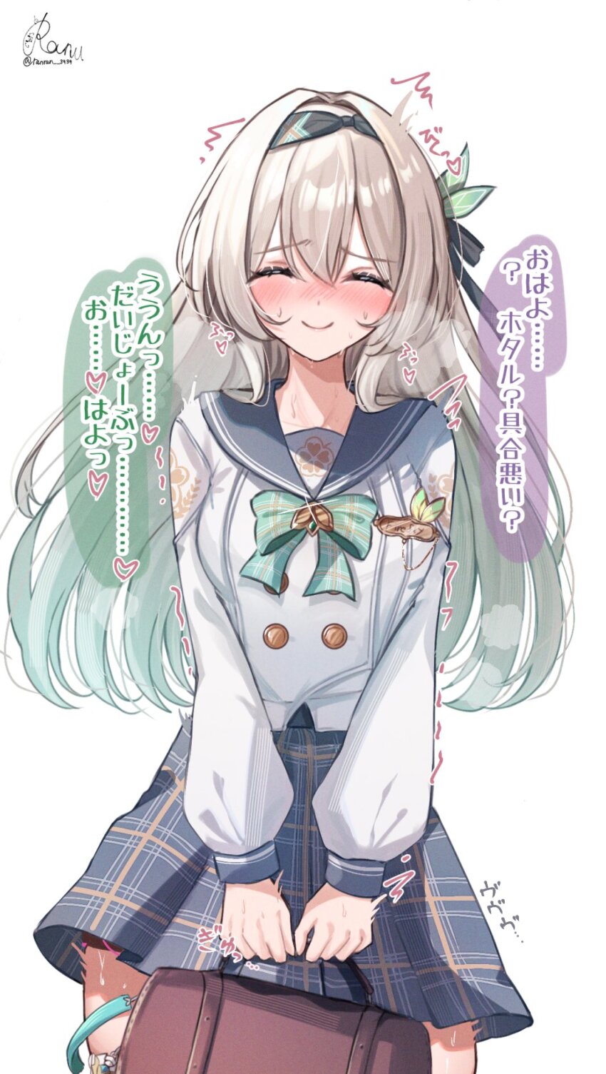 1girl bag black_hairband black_ribbon blue_skirt bow bowtie brown_bag buttons checkered_bow checkered_bowtie checkered_clothes checkered_skirt closed_eyes collared_shirt crying double-breasted firefly_(honkai:_star_rail) firefly_(spring_missive)_(honkai:_star_rail) gradient_hair green_bow green_bowtie grey_hair grey_sailor_collar hair_between_eyes hair_intakes hair_ornament hair_ribbon hairband handbag highres honkai:_star_rail honkai_(series) long_hair motion_lines multicolored_hair pleated_skirt ranran_3939 ribbon sailor_collar shaking shirt signature simple_background skirt solo tears twitter_username white_background white_shirt