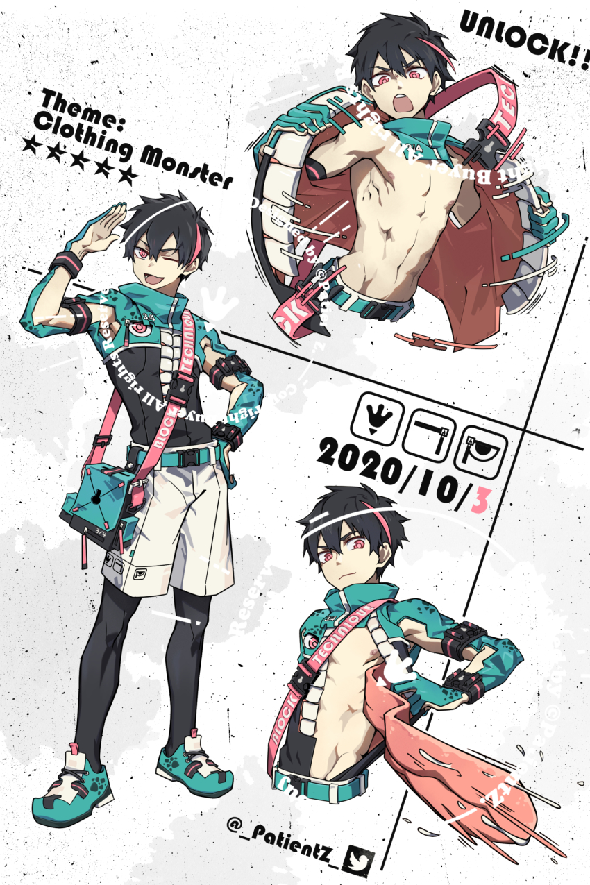 1boy ;d absurdres black_hair black_legwear reference_sheet creature dated half-sleeves hand_on_own_hip highres icon_(computing) pantyhose_under_shorts living_clothes male_focus multicolored_hair one_eye_closed open_mouth original pantyhose patient_zero pink_eyes shorts smile streaked_hair toned toned_male twitter_username white_shorts