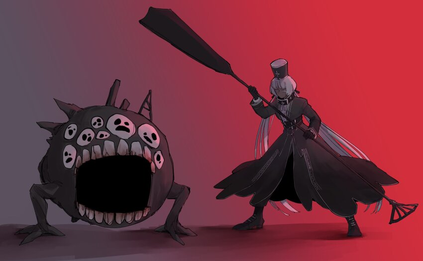 1girl black_boots black_gloves boots charon_(project_moon) dress fighting_stance full_body gloves gradient_background grey_dress grey_hair hat highres holding holding_oar limbus_company lobotomy_corporation long_hair low_twintails mountain_of_smiling_bodies oar open_mouth project_moon shako_cap twintails very_long_hair yatsumeunagi