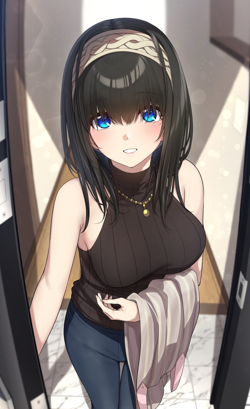1girl absurdres bare_shoulders blue_eyes brown_hair go-1 highres idolmaster idolmaster_cinderella_girls looking_at_viewer medium_hair pants sagisawa_fumika sleeveless smile solo