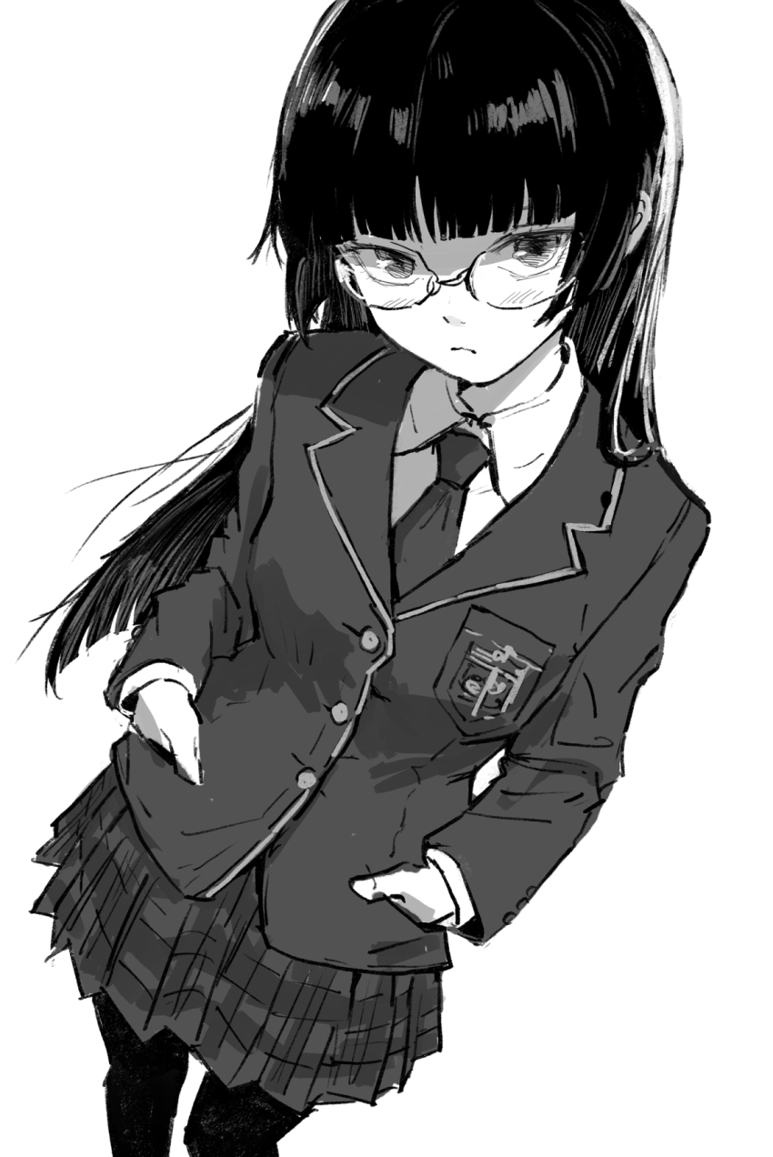 1girl blazer buttons closed_mouth collared_shirt cowboy_shot expressionless glasses gokou_ruri greyscale hands_in_pockets highres hime_cut jacket lapels long_hair looking_at_viewer miniskirt monochrome necktie ore_no_imouto_ga_konna_ni_kawaii_wake_ga_nai pantyhose pleated_skirt rhinth school_uniform shirt simple_background skirt solo straight_hair white_background
