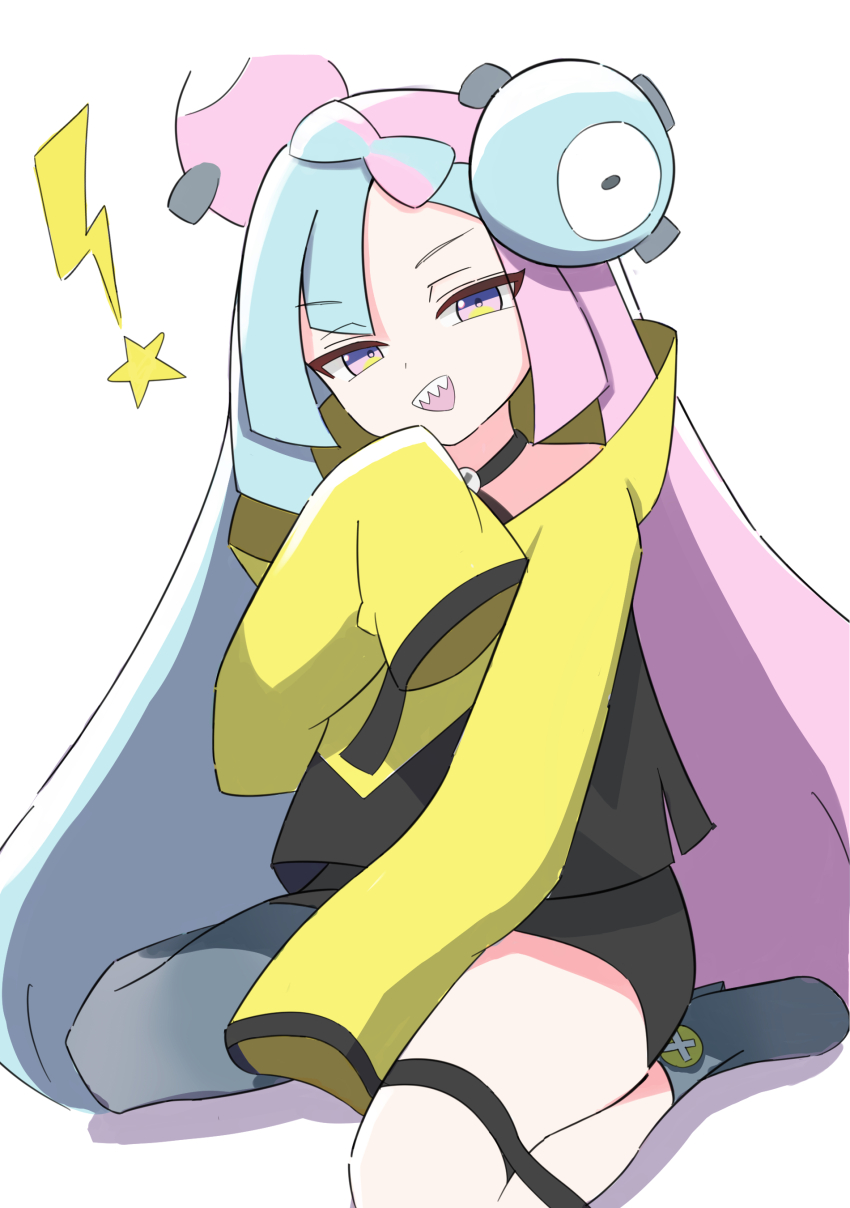 1girl :d absurdres bow-shaped_hair character_hair_ornament commentary_request creatures_(company) game_freak grey_pantyhose grey_shoes hair_ornament hand_up happy highres iono_(pokemon) jacket konpickle lightning_bolt_symbol long_sleeves looking_at_viewer multicolored_hair nintendo open_mouth pantyhose pokemon pokemon_sv shoes shorts single_leg_pantyhose sleeves_past_fingers sleeves_past_wrists smile solo star_(symbol) teeth thigh_strap two-tone_hair upper_teeth_only white_background yellow_jacket