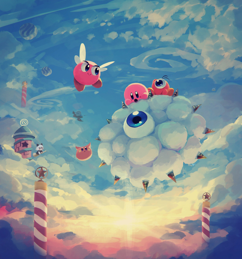 animal_ears balloon blue_eyes bronto_burt broom broom_riding cloud cloudy_sky creature day flying highres keke_(kirby) kirby kirby_(series) kracko monster nintendo one-eyed open_mouth pole scarfy shadow_kirby sky smile spikes star_(symbol) sun sunlight suyasuyabi waddle_doo white_hair wings