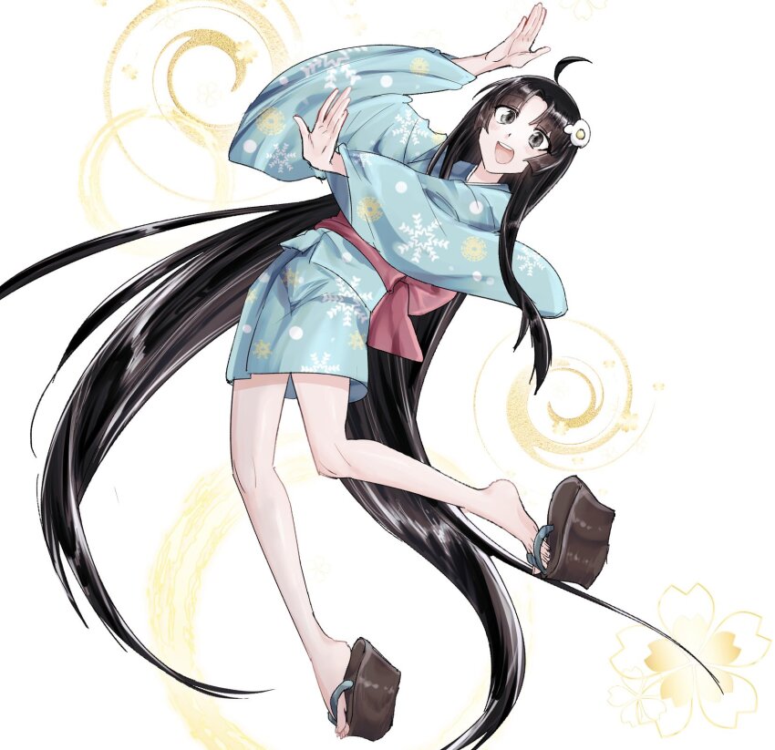 1girl :d absurdly_long_hair ahoge aqua_kimono araragi_tsukihi arm_up bare_legs black_hair blush egg_hair_ornament food-themed_hair_ornament full_body grey_eyes hair_ornament highres japanese_clothes kimono legs long_hair long_sleeves looking_at_viewer maeyakara000 monogatari_(series) obi okobo open_mouth parted_bangs platform_clogs platform_sandals print_kimono red_sash sandals sash short_kimono smile snowflake_print solo teeth toenails toes upper_teeth_only very_long_hair white_background wide_sleeves