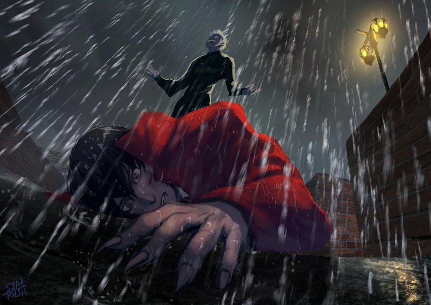 2boys absurdres black_hair blood blood_from_mouth coat darren_shan fingernails highres lamppost laughing multiple_boys night night_sky platinum_blonde_hair rain red_coat sharp_fingernails short_hair sirakusa sky steve_leonard the_saga_of_darren_shan