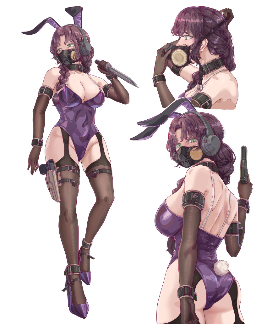 1girl absurdres animal_ears ankle_cuffs arm_cuffs ass braid breasts brown_hair collar combat_knife covered_navel cuffs elbow_gloves fake_animal_ears fake_tail garter_straps gloves green_eyes gun handgun headphones high_heels highres holding holding_gun holding_knife holding_weapon holster knife large_breasts leotard leveen lock looking_at_viewer mask medium_hair original padlock playboy_bunny purple_leotard rabbit_ears rabbit_tail respirator reverse_grip shiny_clothes solo tail thigh_holster thighhighs weapon white_background