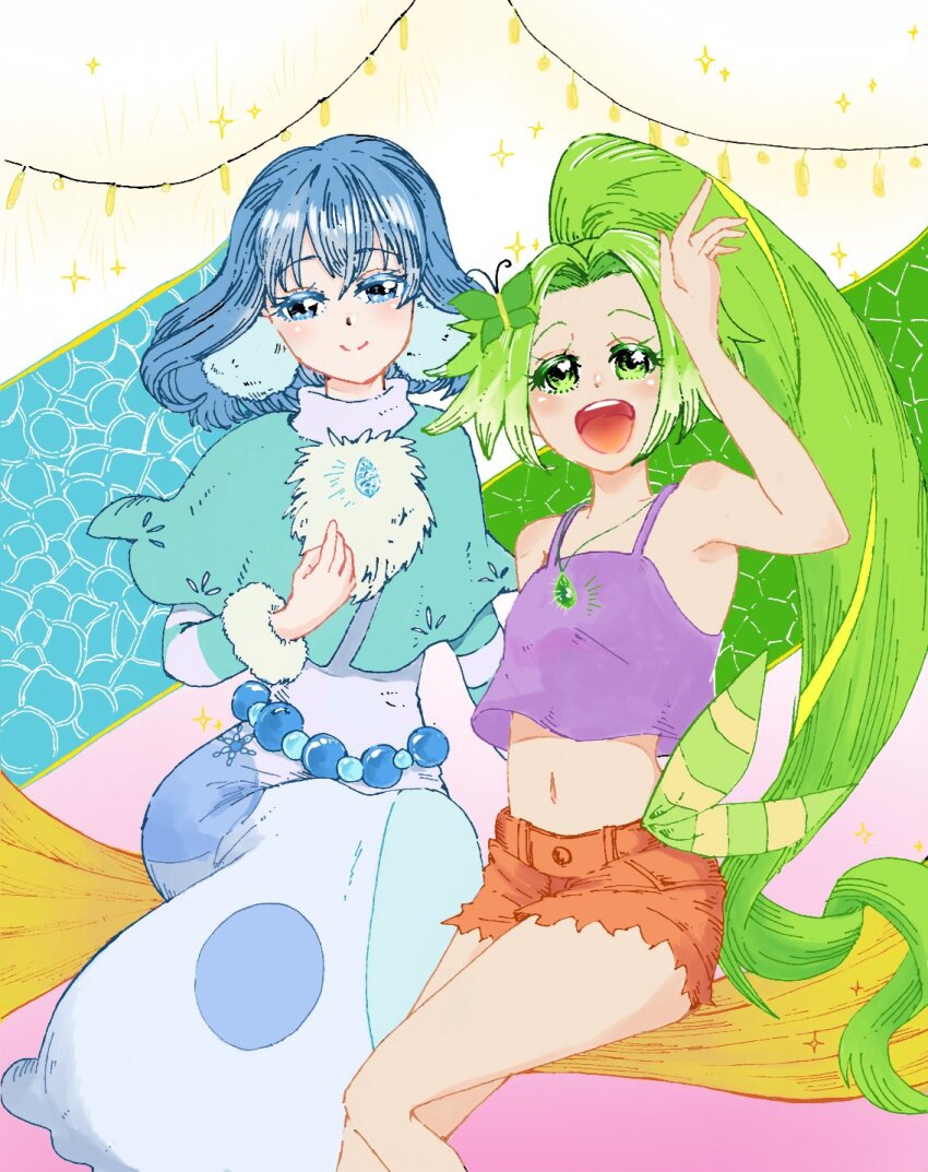 2girls ball_earrings blonde_hair blue_dress blue_eyes blue_hair bow brown_shorts butterfly_hair_ornament dress green_bow green_eyes green_hair hair_ornament happy highres jewelpet_(series) jewelpet_magical_change jewelry kyukazannl larimer_(jewelpet) multicolored_hair multiple_girls navel pendant peridot_(jewelpet) ponytail purple_tank_top short_shorts shorts sitting string_of_light_bulbs tank_top two-tone_hair