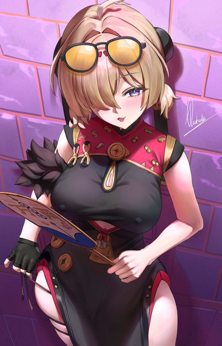 1girl against_wall blonde_hair breasts brick_wall china_dress chinese_clothes cleavage cleavage_cutout clothing_cutout dress eyewear_on_head fang fingerless_gloves gloves hair_over_one_eye hand_fan highres holding holding_fan large_breasts nipples open_mouth pelvic_curtain piukute062 purple_eyes single_fingerless_glove solo sunglasses sweety_(zenless_zone_zero) thigh_strap tinted_eyewear yellow-tinted_eyewear zenless_zone_zero