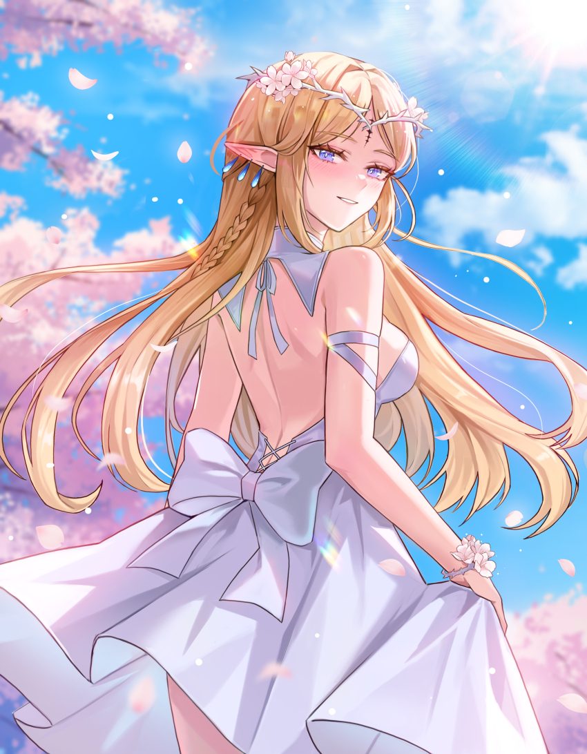 1girl absurdres aged_up alternate_costume bare_shoulders blonde_hair blue_eyes blue_sky blurry blurry_background braid breasts cartethyia_(wuthering_waves) cherry_blossoms commentary cowboy_shot crown_of_thorns day dress earrings from_behind highres jewelry large_breasts long_hair looking_at_viewer looking_back median_furrow outdoors parted_bangs parted_lips pointy_ears shoulder_blades sky smile solo ssatang_118 sun tacet_mark_(wuthering_waves) white_dress wuthering_waves