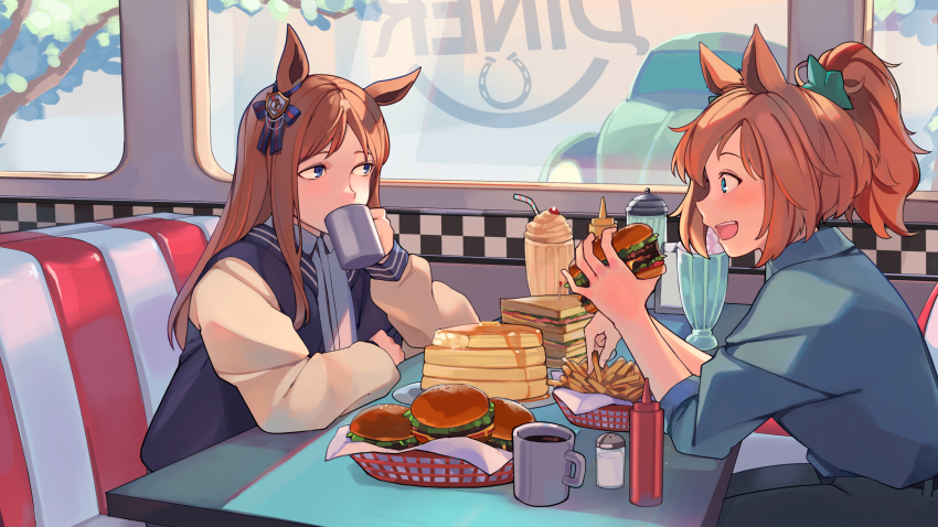 2girls alternate_costume animal_ears aqua_eyes bendy_straw blue_eyes booth_seating bow brown_hair burger cheese coffee coffee_mug commentary cup diner drinking_straw ear_ornament ear_ribbon eyebrows_hidden_by_hair female_focus food french_fries fuyukayui glass grass_wonder_(umamusume) hair_ornament high_ponytail highres horse_ears horse_girl horseshoe_print ice_cream ketchup_bottle light_brown_hair long_sleeves mug multicolored_hair multiple_girls pancake ponytail salt_shaker sandwich sideways_glance slice_of_life star_(symbol) star_hair_ornament sundae taiki_shuttle_(umamusume) toothpick two-tone_hair umamusume