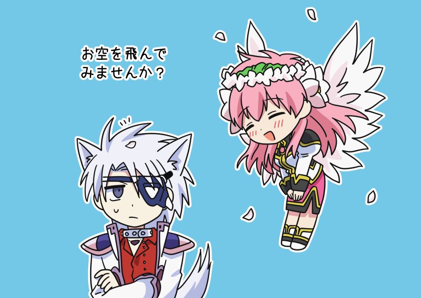 1boy 1girl angel_wings animal_ears armor blue_eyes blush chibi crossed_arms eyepatch feathered_wings flower galaxy_angel green_hairband hair_flower hair_ornament hairband head_wreath highres kitaru lester_coolduras long_hair long_sleeves looking_at_another milfeulle_sakuraba military_uniform monocle monocle_chain open_clothes open_mouth pencil_skirt pink_hair red_shirt shirt short_hair shoulder_armor skirt sweatdrop tail translation_request white_hair white_wings wings wolf_ears wolf_tail