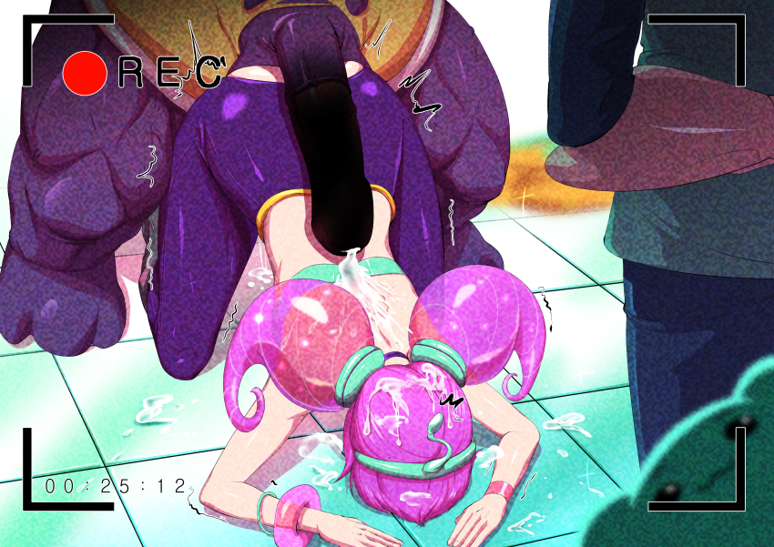1other absurdres aftersex arm_behind_back bad_id bad_pixiv_id bestiality blurry commentary_request cum cum_on_back cum_on_body doggystyle from_behind greef_(greef63073776) green_vest gwen_(league_of_legends) hair_ornament highres huge_penis league_of_legends long_sleeves pants penis pink_hair purple_pants recording sex sex_from_behind space_groove_gwen space_groove_willump standing testicles top-down_bottom-up torn_clothes torn_pants translucent_hair twintails vest willump yeti_(creature)