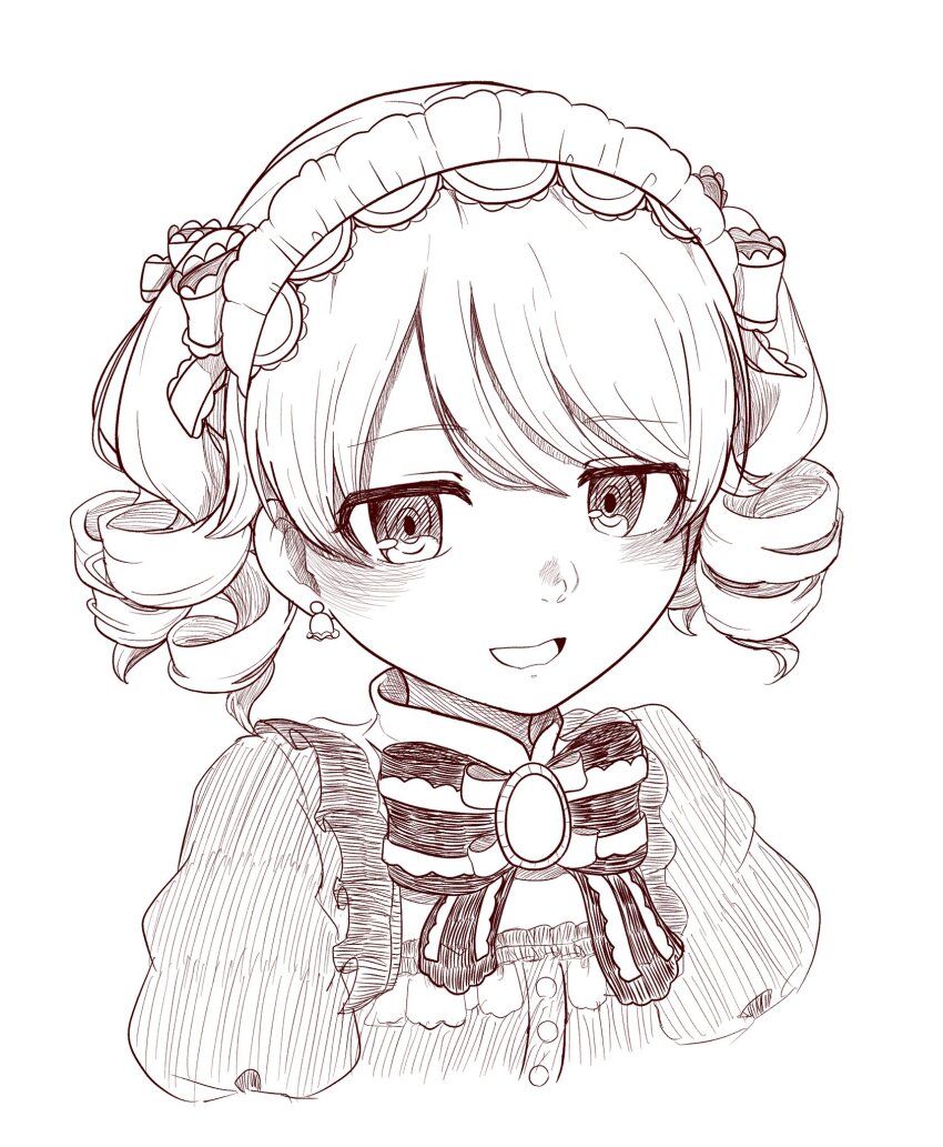 blush bow bowtie drill_hair earrings greyscale hairband highres idolmaster idolmaster_cinderella_girls jewelry looking_at_viewer monochrome morikubo_nono open_mouth short_hair simple_background smile swirupa upper_body