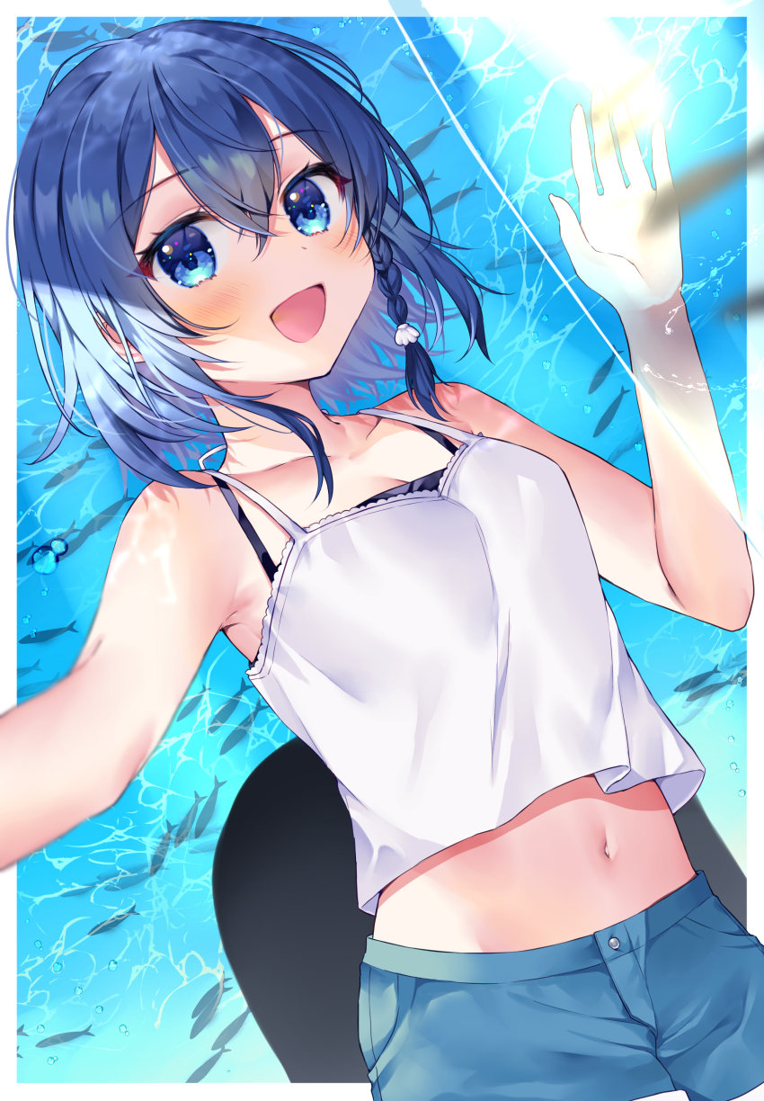 1girl :d absurdres aquarium blue_eyes blue_hair blue_shorts blush braid breasts camisole collarbone commentary_request commission fish hair_between_eyes hair_ornament hands_up highres looking_at_viewer medium_breasts medium_hair misakino_kukuru navel open_mouth shiroi_suna_no_aquatope shirt shorts skeb_commission smile solo white_camisole yam_(yamap_mako)