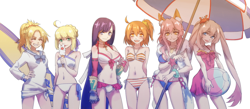 ahoge animal_ears artoria_pendragon_(fate) artoria_pendragon_(swimsuit_archer)_(fate) ball beach_umbrella beachball bikini black_hair blonde_hair braid breasts carrot_(supercarrot) closed_eyes commentary_request crab_on_head detached_sleeves dress fang fate/grand_order fate_(series) food fox_ears frilled_bikini frills fujimaru_ritsuka_(female) fujimaru_ritsuka_(female)_(brilliant_summer) gauntlets green_eyes grey_eyes grin hair_ornament hair_scrunchie highres holding holding_food holding_ice_cream holding_ice_cream_cone holding_surfboard holding_umbrella ice_cream ice_cream_cone large_breasts light_brown_hair marie_antoinette_(fate) marie_antoinette_(swimsuit_caster)_(first_ascension)_(fate) martha_(fate) martha_(swimsuit_ruler)_(fate) medium_breasts mordred_(fate) mordred_(swimsuit_rider)_(fate) narrow_waist navel one_side_up orange_eyes orange_hair pink_hair ponytail red_dress ribbon-trimmed_sleeves ribbon_trim sailor_dress scrunchie short_dress side-tie_bikini_bottom skinny small_breasts smile striped_bikini striped_clothes surfboard swimsuit tamamo_(fate) tamamo_no_mae_(fate) tamamo_no_mae_(swimsuit_lancer)_(fate) twintails umbrella