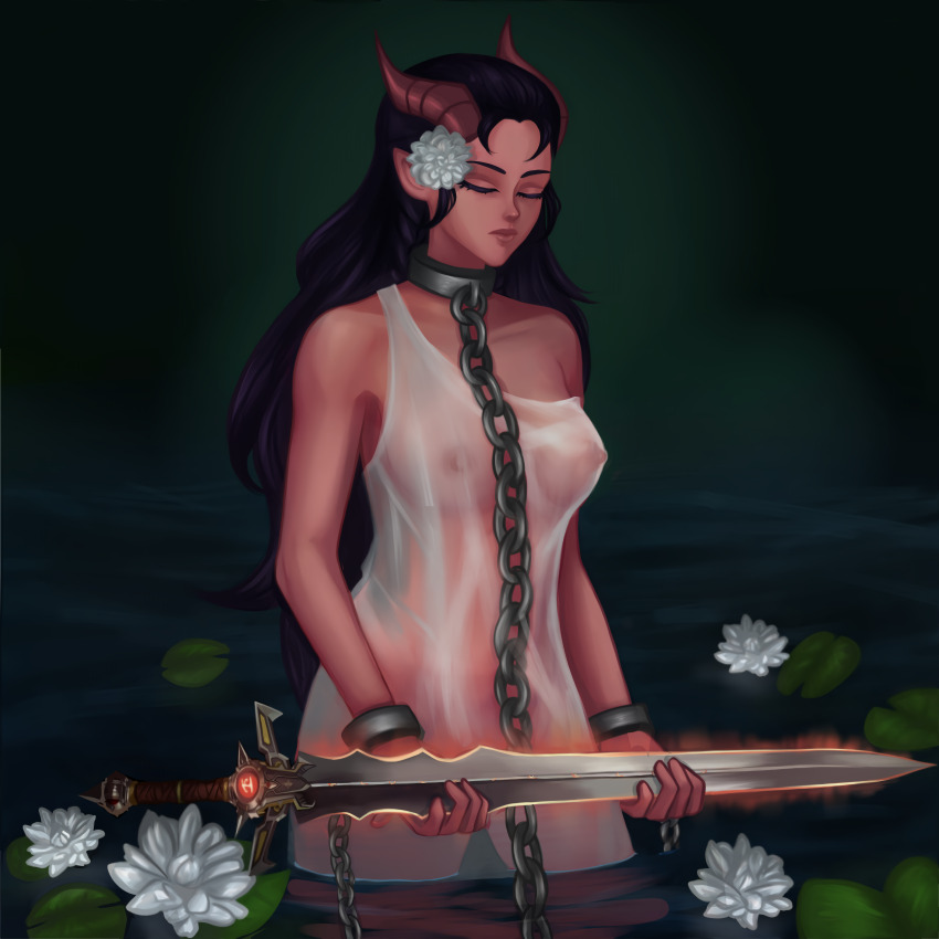 1girl absurdres binding black_hair bound bound_wrists braid breasts captured chain chain_leash chained chained_wrists closed_eyes collar colored_skin crucible_(doom) cuffed cuffs dahlia dahlia_(day_of_wrath) day_of_wrath_(infinitypilot) demon demon_girl demon_horns doom_(series) doom_eternal dress flower fr04ek glowing glowing_sword glowing_weapon hair_flower hair_ornament highres holding holding_sword holding_weapon horns lady_of_the_lake lake leash lily_(flower) lily_pad long_hair medium_breasts metal_collar nipples no_bra nymph off_shoulder original outdoors partially_submerged prisoner red_skin restrained restraints sad see-through_clothes see-through_dress servant slave solo solo_focus sword tiefling translucent translucent_dress transparent wading water water_lily_flower weapon white_dress white_flower