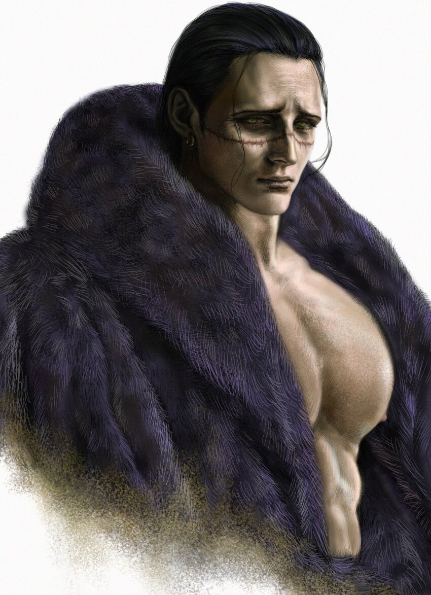 1boy abs bare_pectorals chinese_commentary coat commentary_request crocodile_(one_piece) earrings fur_coat hair_slicked_back highres jewelry large_pectorals longwandb male_focus one_piece pectorals scar scar_on_face scar_on_nose solo widow&#039;s_peak