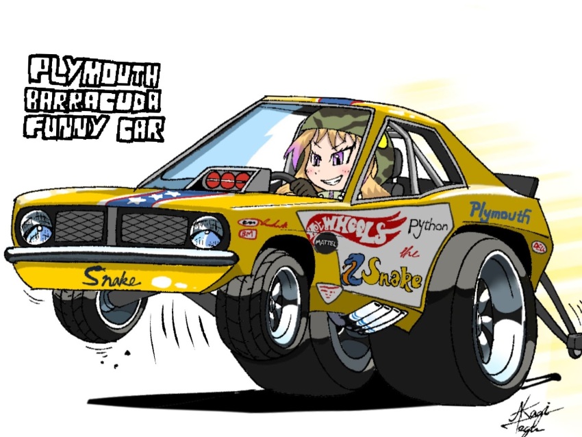 1girl african_rock_python_(kemono_friends) artist_name black_gloves blonde_hair blush car chibi driving engine gloves green_jacket highres hood hood_up hooded_jacket hot_wheels jacket kemono_friends logo looking_ahead motor_vehicle muscle_car national_hot_rod_association parted_lips plymouth_(brand) plymouth_barracuda purple_eyes race_vehicle racecar shadow smile solo sponsor star_(symbol) tegran vehicle_focus vehicle_name