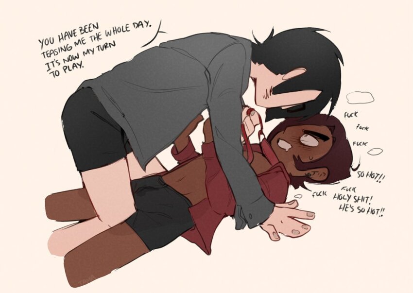 2boys ahoge between_legs black_eyeliner black_eyes black_hair black_male_underwear blush brown_hair collar collarbone collared_shirt commentary dark-skinned_male dark_skin drooling ear_piercing english_commentary existenc3 eyeliner flirting furrowed_brow gideon_graves glasses grey_shirt hair_over_one_eye heavy_breathing holding holding_leash knee_between_legs leash long_sleeves looking_at_another makeup male_focus male_underwear matthew_patel mouth_drool multiple_boys navel on_top_partner open_clothes open_shirt piercing rectangular_eyewear red_collar red_leash red_shirt scott_pilgrim_(series) scott_pilgrim_takes_off shirt short_hair speech_bubble sweatdrop teasing teeth thinking underwear white_background yaoi