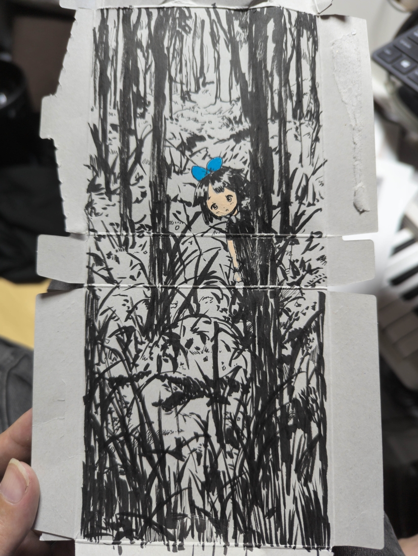 1girl :o absurdres behind_tree blue_bow bow child commentary_request forest greyscale hair_bow highres looking_at_viewer monochrome nature original outdoors parted_lips photo_(medium) scrunchie short_hair short_sleeves solo spot_color tareme traditional_media tree uehara16 wide_shot wrist_scrunchie