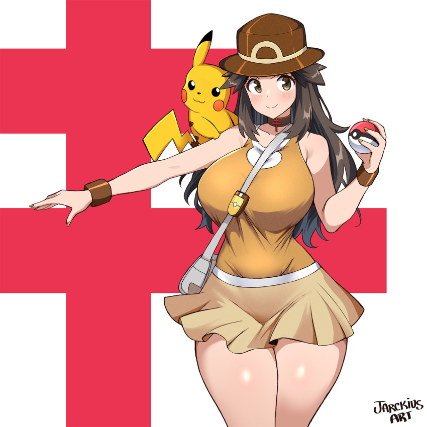 1girl alternate_color breasts gen_1_pokemon highres jarckius large_breasts leaf_(pokemon) nintendo pikachu poke_ball poke_ball_(basic) pokemon pokemon_frlg