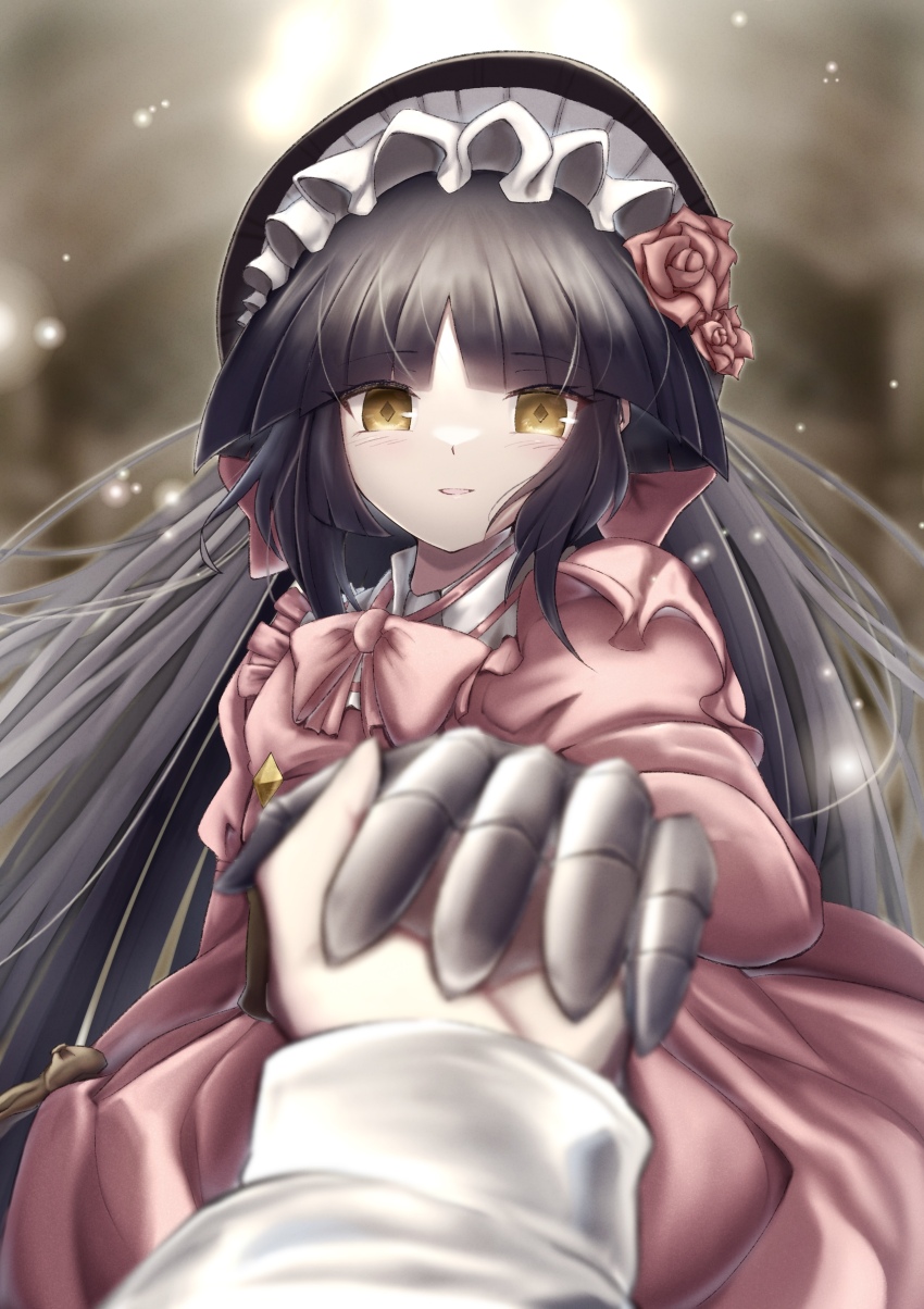 1girl absurdres black_hair brown_gloves brown_ribbon corset doll dress fate/grand_order fate_(series) gloves highres holding_hands juliet_sleeves katou_danzou_(fate) katou_danzou_(the_unmanipulatable_ones)_(fate) long_hair long_sleeves looking_at_viewer moyashi_(pixiv44153669) pink_dress puffy_sleeves red_skirt ribbon skirt yellow_eyes