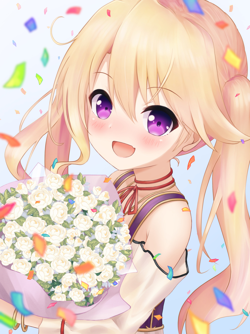 1girl absurdres bare_shoulders blonde_hair blush bouquet confetti flower from_side highres iris_mysteria! ladis_(iris_mysteria!) looking_at_viewer open_mouth purple_eyes red_ribbon ribbon sigure_hazime smile twintails upper_body white_flower