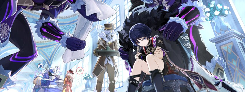 6+boys absurdres aiguillette alalen alalen_nelala anemoboxer_vanguard_(genshin_impact) armor artist_name bandaged_arm bandages belt_pouch black_bodysuit black_gloves black_hair black_hat black_leggings black_mask black_pants black_shorts black_sleeves blue_hat blunt_ends bodysuit bright_pupils brown_coat brown_gloves brown_pants brown_ribbon chair closed_mouth coat covered_collarbone cryo_symbol_(genshin_impact) cryogunner_legionnaire_(genshin_impact) cup dated electrohammer_vanguard_(genshin_impact) eyeliner eyeshadow fatui_coat fatui_logo fur_collar fur_trim furisode genshin_impact geochanter_bracer_(genshin_impact) gloves glowing glowing_eyes gold grey_eyes grey_trim hair_intakes hand_on_own_arm hat highres holding holding_coat holding_towel holding_tray holding_unworn_clothes indoors japanese_armor japanese_clothes jewelry kimono kote kurokote lapels layered_sleeves leggings looking_at_another looking_down makeup mitsudomoe_(shape) multiple_boys neck_ring open_clothes open_coat pants pauldrons pillar plant potted_plant pouch purple_coat purple_gloves purple_rope purple_sleeves pyroslinger_bracer_(genshin_impact) red_coat red_eyeliner red_eyeshadow red_ribbon ribbon rope scaramouche_(genshin_impact) self_hug shimenawa short_sleeves shorts shoulder_armor single_sode sitting spoken_character standing steam sweat tomoe_(symbol) top_hat towel tray tsurime two-sided_gloves unworn_coat vambraces vase white_coat white_hair white_mask white_pupils white_rope white_sleeves window yunomi