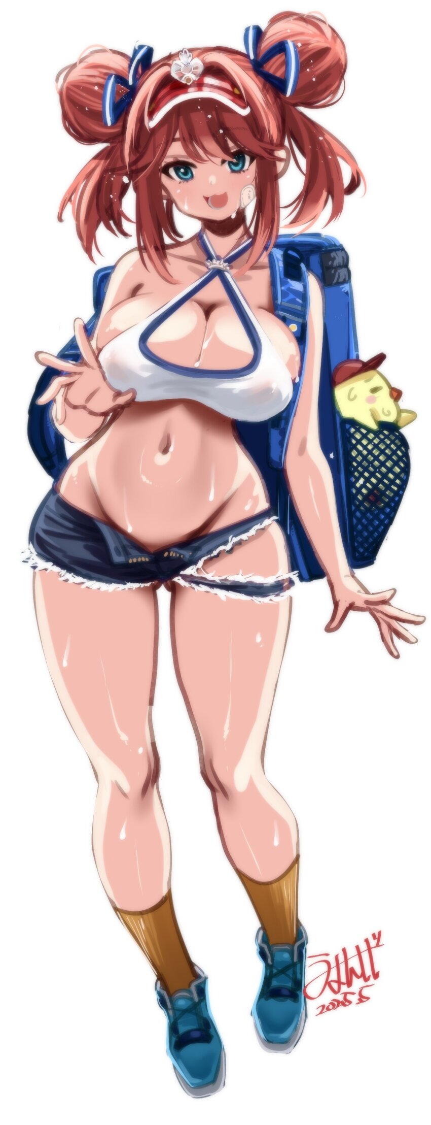 1girl absurdres azur_lane backpack bag bandaid bandaid_on_face blue_eyes blue_shoes breasts cleavage collarbone covered_erect_nipples crop_top denim denim_shorts double_bun gallant_(azur_lane) gallant_(express-ive_delivery)_(azur_lane) groin hair_bun highres large_breasts looking_at_viewer manjuu_(azur_lane) micro_shorts midriff navel official_alternate_costume open_mouth red_hair shoes shorts simple_background socks solo stomach sweat umyonge_(lkakeu) white_background yellow_socks