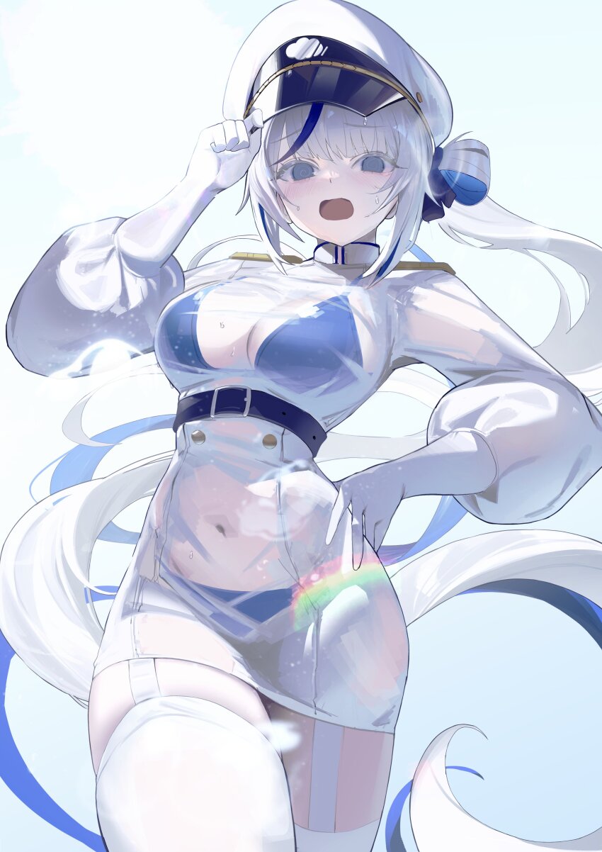 1girl 4string_guitar0 @_@ absurdres aokumo_rin belt bikini bikini_under_clothes blue_belt blue_bikini blue_eyes blue_hair blue_ribbon blush breasts buttons colored_inner_hair commentary cowboy_shot embarrassed floating_hair garter_straps gloves grey_hair hair_ribbon hair_rings hand_on_headwear hand_on_own_hip hat highres jacket large_breasts lens_flare long_hair long_sleeves looking_at_viewer military_hat military_uniform multicolored_hair naval_uniform open_mouth peaked_cap pencil_skirt puffy_long_sleeves puffy_sleeves ribbon see-through_clothes see-through_jacket see-through_skirt simple_background single_hair_ring skirt solo standing stellive sweat swimsuit symbol-only_commentary thighhighs two-tone_hair very_long_hair virtual_youtuber wet wet_clothes white_background white_gloves white_hat white_jacket white_skirt white_thighhighs