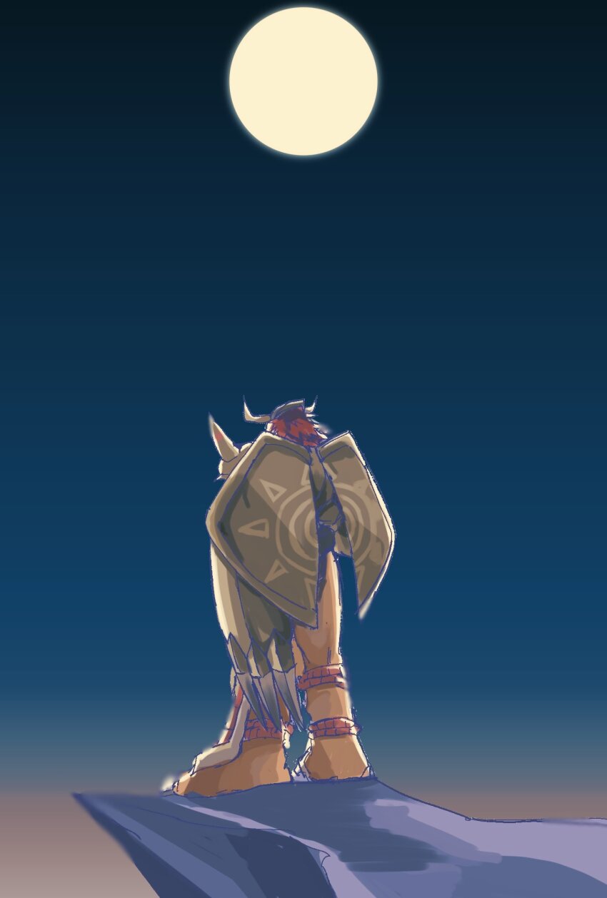 digimon digimon_(creature) from_behind full_moon helmet highres mechanical_wings megane_mochi moon orange_scales red_hair short_hair solo standing wargreymon wings