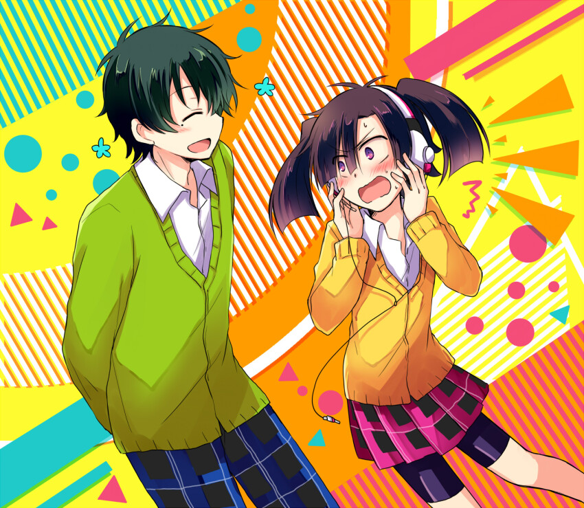 1boy 1girl bike_shorts_under_skirt black_hair blush brown_hair closed_eyes collared_shirt enomoto_takane gamiko_chopin green_sweater headphones highres kagerou_project kokonose_haruka mole mole_under_eye multicolored_background open_mouth plaid_clothes plaid_skirt purple_eyes shirt short_hair skirt surprised sweatdrop sweater white_shirt yellow_sweater yuukei_yesterday_(vocaloid)