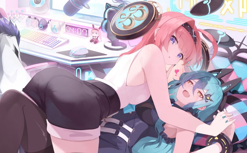 2girls absurdres ahoge animal_ears ass axia_(shadowverse:_worlds_beyond) beret black_hairband black_hat black_shorts black_thighhighs blue_dress blue_eyes blue_hair blue_nails bottle breasts character_doll commentary_request computer computer_keyboard computer_mouse desk doll dress excited fake_animal_ears fang frilled_dress frills fur-trimmed_jacket fur_trim girl_on_top hair_between_eyes hair_intakes hairband hat headgear heart high-waist_shorts highres holding holding_hands ichien_ekaki idol idol_clothes indoors jacket large_breasts lishenna_(shadowverse) long_hair looking_at_viewer looking_back mechanical_ears microphone multiple_girls open_mouth perfume_bottle pink_hair power_symbol shadowverse shadowverse:_worlds_beyond shirt shorts sidelocks sleeveless sleeveless_dress sleeveless_shirt straddling thighhighs very_long_hair white_jacket white_shirt yellow_eyes