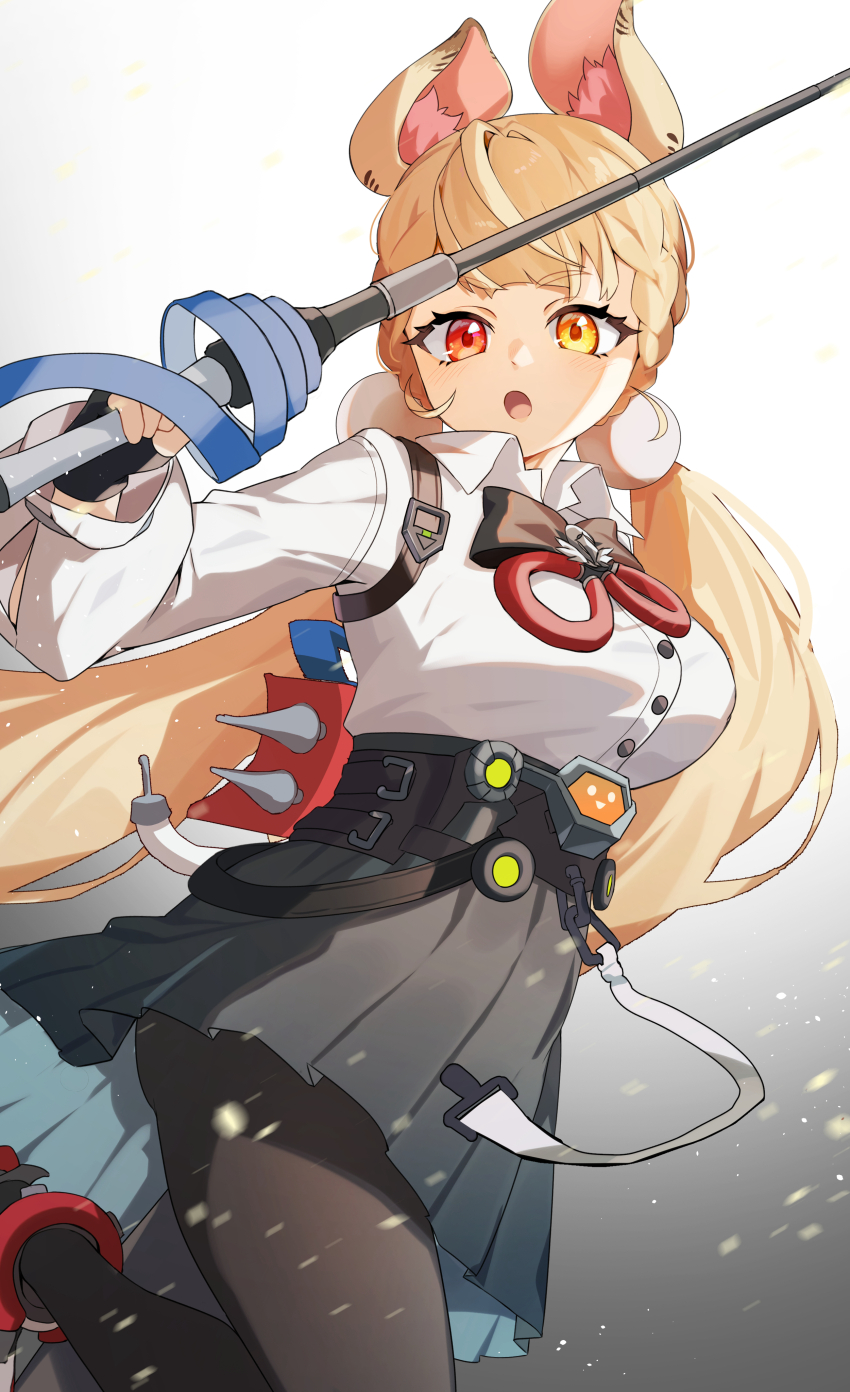 1girl absurdres alice_thymefield animal_ears black_pantyhose blonde_hair breasts chawarabi commentary_request green_skirt hair_ornament heterochromia highres holding holding_sword holding_weapon large_breasts looking_at_viewer open_mouth pantyhose pleated_skirt rabbit_ears rabbit_girl rapier red_eyes shirt skirt solo sphere_hair_ornament sword twintails weapon white_shirt yellow_eyes zenless_zone_zero