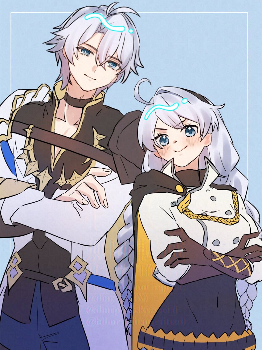 1boy 1girl ahoge black_cape black_gloves blue_background blue_eyes braid cape commentary_request crossed_arms dmr_pic gloves highres honkai:_star_rail honkai_(series) honkai_impact_3rd jacket kiana_kaslana kiana_kaslana_(valkyrie_ranger) long_hair long_sleeves phainon_(honkai:_star_rail) short_hair smile twin_braids very_long_hair white_hair white_jacket