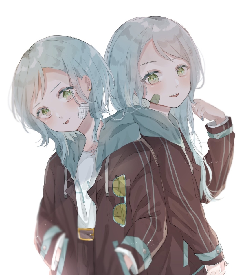 2girls aqua_hair bad_id bad_pixiv_id bang_dream! closed_mouth glasses green_eyes hair_ribbon highres hikawa_hina hikawa_sayo hood hoodie injury long_hair long_sleeves multiple_girls open_mouth ribbon shain short_hair siblings sisters twins white_background