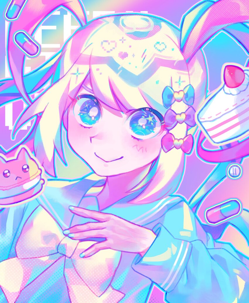 1girl animal-themed_food blonde_hair blue_bow blue_eyes blue_hair blue_shirt bow bright_pupils chouzetsusaikawa_tenshi-chan closed_mouth commentary food hair_bow hand_up hashtag-only_commentary highres iro_(mywife_sunny) long_hair long_sleeves looking_at_viewer macaron multicolored_hair multiple_hair_bows needy_girl_overdose outline pien_cat_(needy_girl_overdose) pill pink_bow pink_hair purple_bow quad_tails sailor_collar shirt smile solo upper_body white_pupils yellow_bow