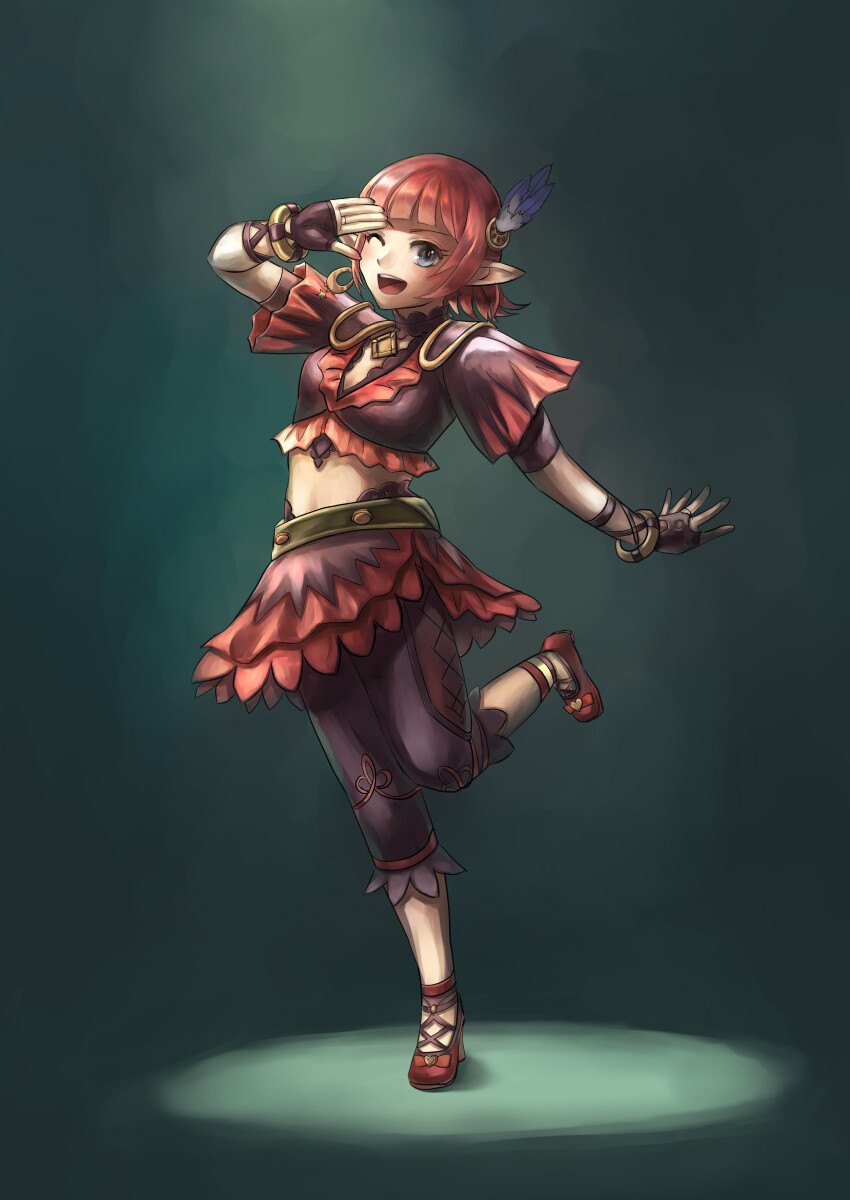 1girl ;d absurdres belt black_choker black_gloves black_shirt blue_eyes bracelet cactus41747280 capri_pants choker dancer dancer_(final_fantasy) earrings elf elvaan feathers final_fantasy final_fantasy_xi flamenco full_body gloves green_belt hair_ornament heart highres hume jewelry leg_up lilisette one_eye_closed open_mouth pants pink_pupils pointy_ears purple_pants red_hair red_shoes shirt shoes short_hair single_earring smile solo standing standing_on_one_leg star_(symbol) teeth upper_teeth_only