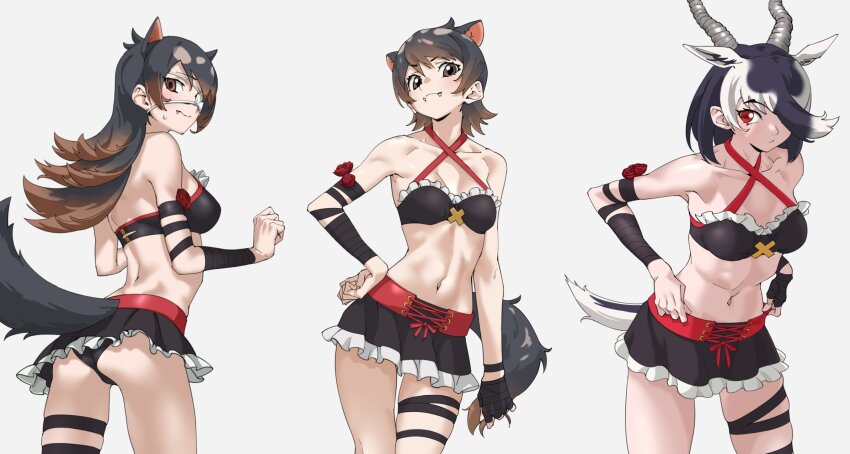 3girls animal_ears antelope_ears antelope_horns ass australian_devil_(kemono_friends) bandeau bare_shoulders batten_japari_dan bikini bikini_skirt black_bandeau black_bikini black_hair black_skirt blackbuck_(kemono_friends) breasts brown_eyes brown_hair clothing_cutout collarbone commentary cowboy_shot criss-cross_halter empty_eyes extra_ears eyepatch fang fang_out fangs fangs_out flipped_hair flower frilled_skirt frills from_behind gradient_hair grey_background hair_over_one_eye halterneck hand_on_own_hip highres horizontal_pupils horns kemono_friends looking_at_viewer matching_outfits medical_eyepatch medium_breasts medium_hair microskirt miniskirt multicolored_hair multiple_girls navel one_eye_covered red_eyes red_flower red_rose rose simple_background skirt small_breasts stomach swimsuit tail tail_through_clothes tanabe_(fueisei) tasmanian_devil_(kemono_friends) tasmanian_devil_ears tasmanian_devil_tail thigh_strap two-tone_hair white_background white_hair wrist_wrap