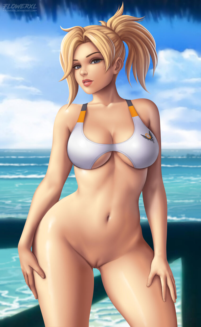 1girl absurdres blonde_hair bottomless bra breasts cleavage female_focus flowerxl hands_on_own_thighs highres large_breasts long_hair mature_female mercy mercy_(overwatch) no_panties ocean one-piece_swimsuit overwatch pussy solo solo_focus swimsuit underwear