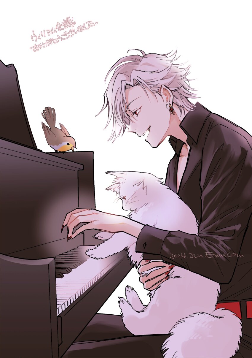 1boy absurdres ahoge belt bird black_shirt cat earrings fang grand_piano highres ikemen_villain instrument jewelry male_focus mgs_emuko music nail_polish open_mouth piano playing_instrument playing_piano red_eyes red_nails shirt short_hair white_background white_hair william_rex