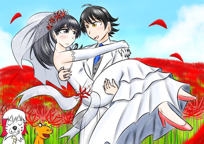 1boy 1girl agumon blush couple digimon digimon_survive highres labramon long_hair momotsuka_takuma shibuya_aoi smile