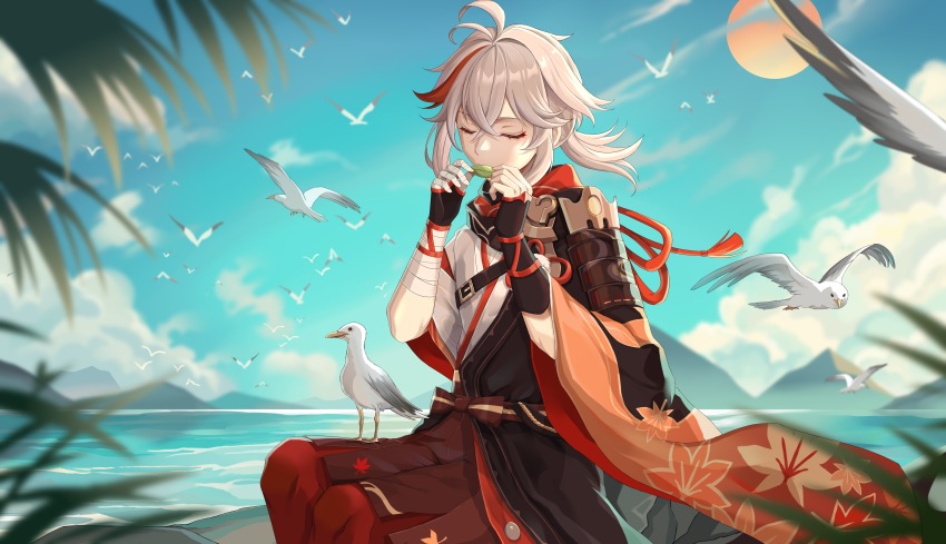 1boy absurdres antenna_hair armor bandaged_arm bandaged_hand bandages belt bird black_belt black_gloves black_shorts blue_sky blurry blurry_foreground closed_eyes closed_mouth cloud commentary_request crossed_bangs day colored_bangs fingerless_gloves genshin_impact gloves grey_hair hair_between_eyes hakama hands_up highres hill holding instrument japanese_armor japanese_clothes kaedehara_kazuha kimono leaf leaf_print low_ponytail male_focus medium_hair multicolored_hair music ocean outdoors pants playing_instrument ponytail red_hair seagull short_sleeves shorts shoulder_armor sidelocks sitting sky sode solo streaked_hair sun tassel tree white_hair wide_sleeves xuanjilingzhu