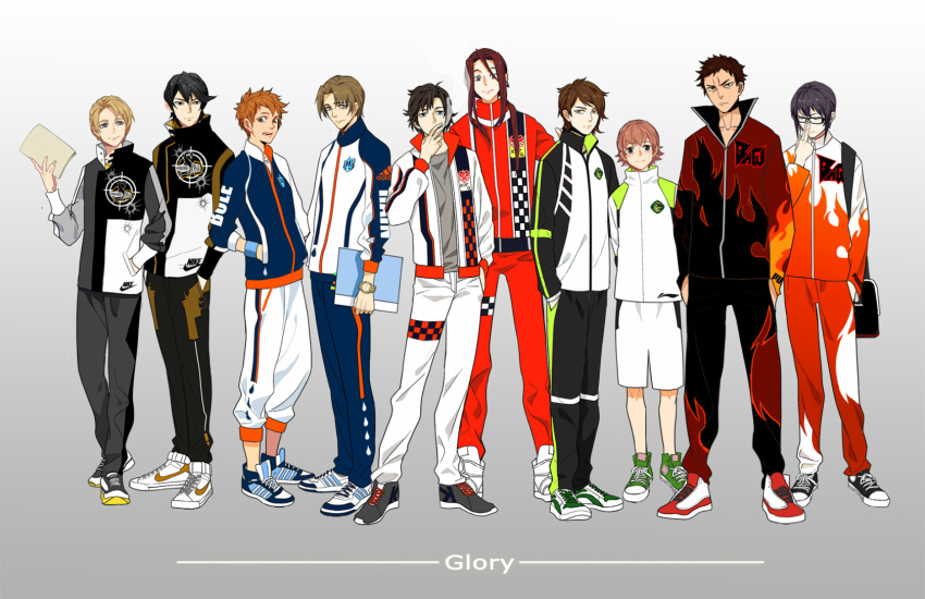 6+boys bag black_hair blonde_hair blue_eyes brown_eyes brown_hair glasses green_eyes han_wenqing highres huang_shaotian jacket jiang_botao jokerplaner lineup long_hair looking_at_viewer male_focus multiple_boys orange_hair pants purple_hair quan_zhi_gao_shou red_hair shoes short_hair smile sneakers sportswear track_jacket track_suit wang_jiexi ye_xiu yu_wenzhou zhang_xinjie zhou_zekai