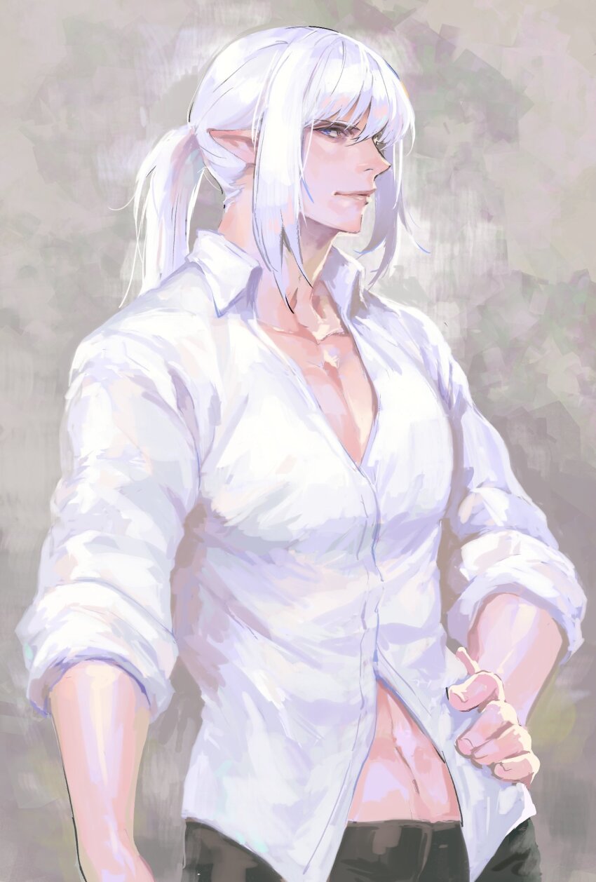 1boy bare_pectorals black_pants blue_eyes closed_mouth collarbone collared_shirt commentary_request cowboy_shot elezen elf estinien_varlineau final_fantasy final_fantasy_xiv hair_between_eyes hair_intakes hand_on_own_hip highres kin_mokusei looking_to_the_side male_focus navel open_collar pants pectorals pointy_ears ponytail shirt sleeves_rolled_up smile solo white_hair white_shirt wing_collar