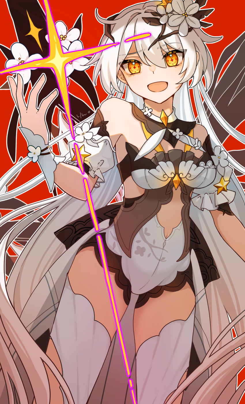 1girl :d absurdres bare_shoulders breasts commentary_request crosshair_pupils detached_sleeves flower hair_between_eyes hair_flower hair_ornament highres honkai_(series) honkai_impact_3rd kiana_kaslana kiana_kaslana_(herrscher_of_the_void) kiana_kaslana_(magic_girl_sirin) leotard long_hair looking_at_viewer medium_breasts official_alternate_costume open_mouth orange_eyes puffy_short_sleeves puffy_sleeves red_background short_sleeves smile solo thighhighs ufo_(23494318) very_long_hair white_flower white_hair white_leotard white_sleeves white_thighhighs wrist_cuffs
