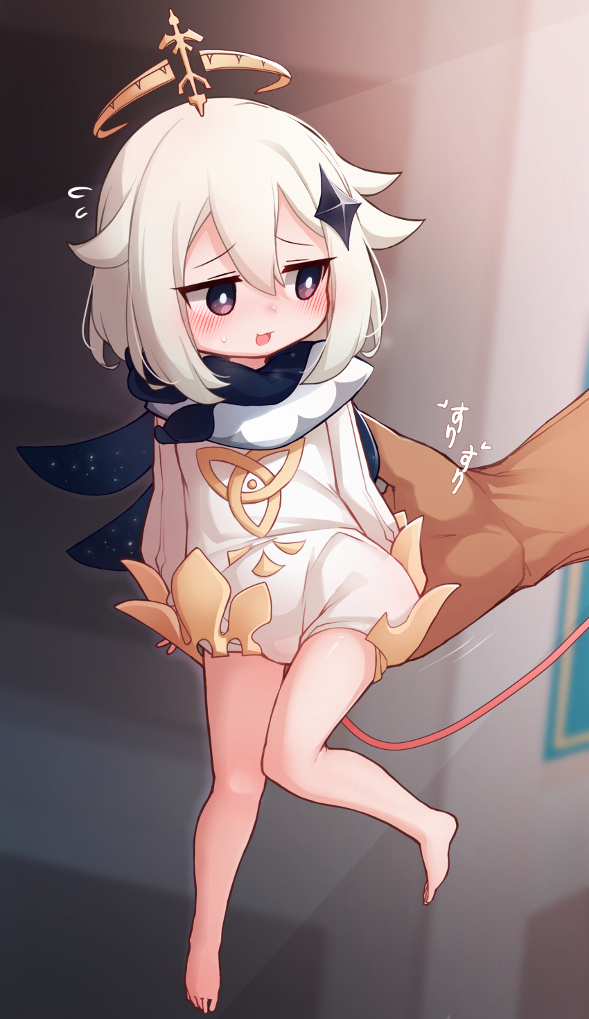 1boy 1girl absurdres barefoot black_scarf blurry blurry_background blush dress genshin_impact groping halo highres in_palm mochikushi open_mouth paimon_(genshin_impact) romper scarf sound_effects sound_effects_only tiny translation_request white_dress white_hair white_romper white_scarf